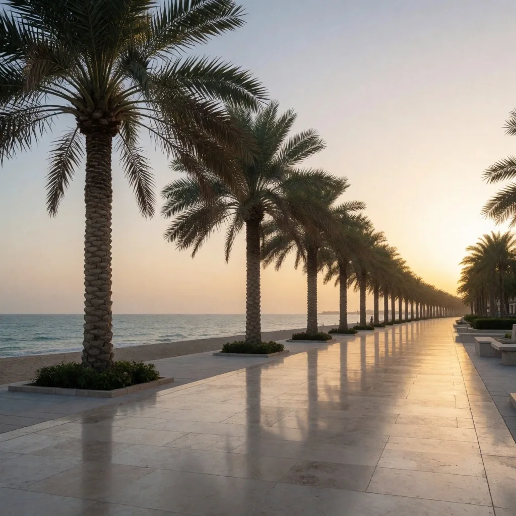 Coastal promenade with palm trees at golden hour