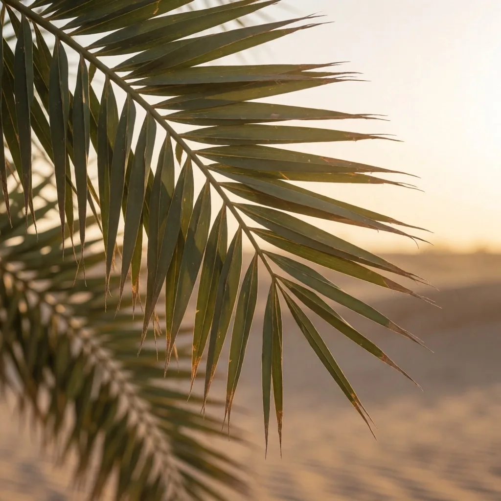 Palm fronds lit by golden afternoon sun