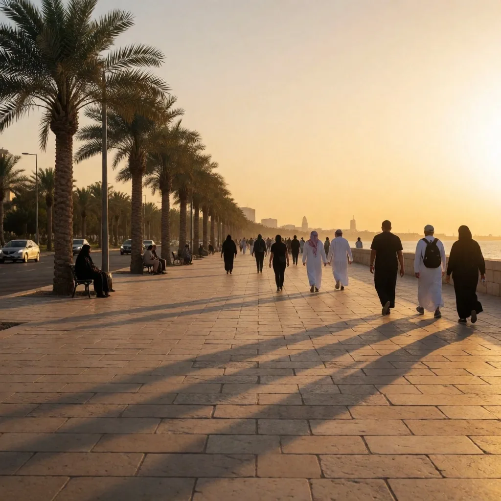 Calm promenade with palm trees and people walking at golden hour