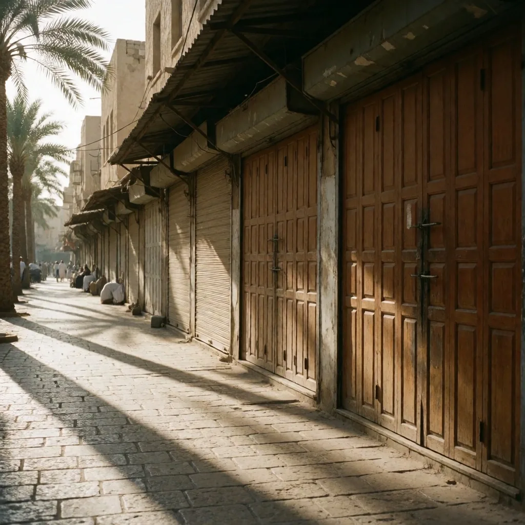 Empty street with closed shops and palm shadows during prayer time