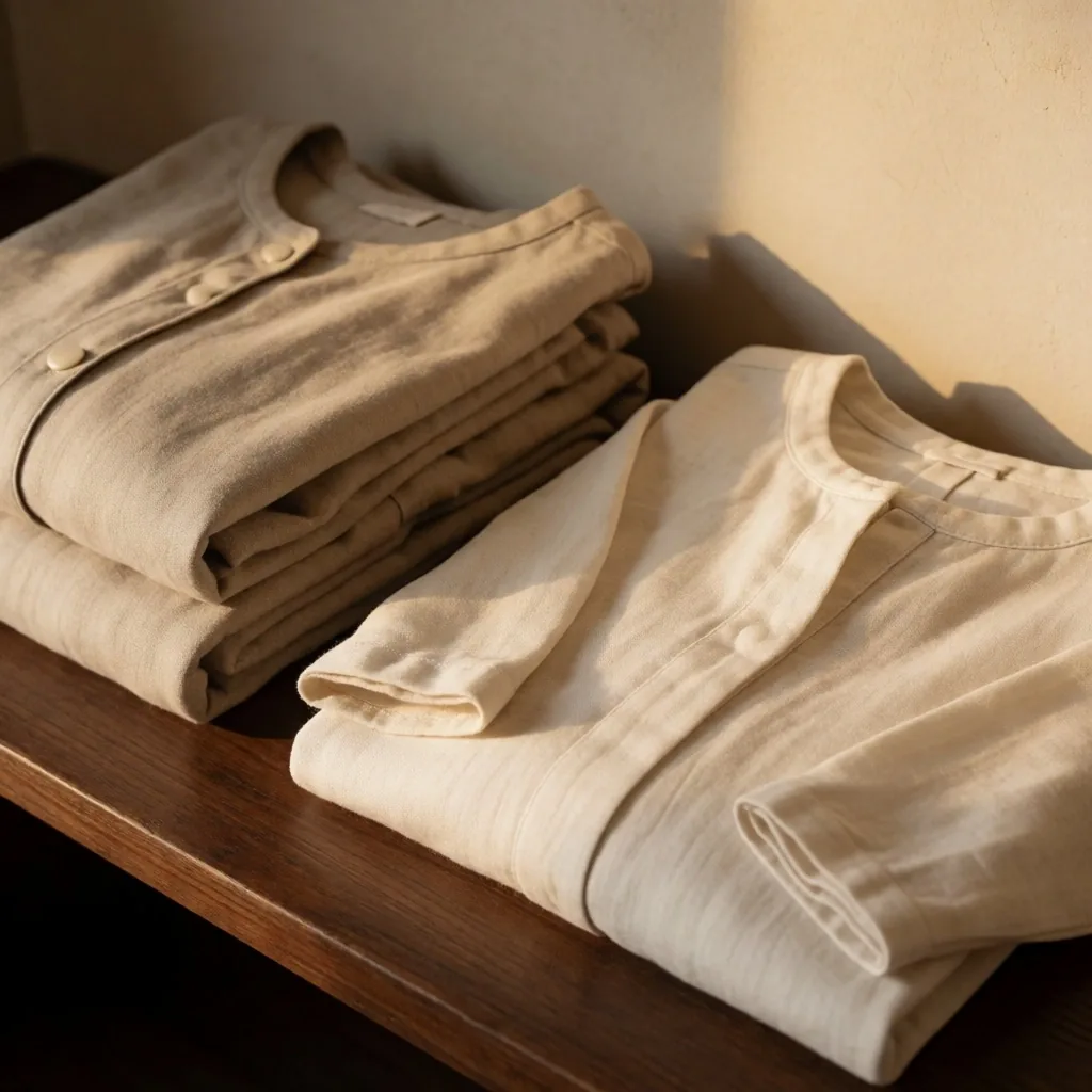 Folded loose garments in earth tones on a wooden shelf