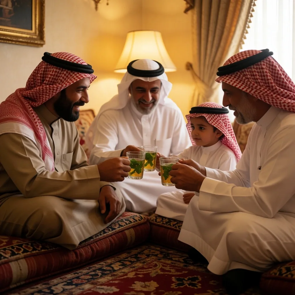 Multi-generational family seated on floor cushions sharing tea