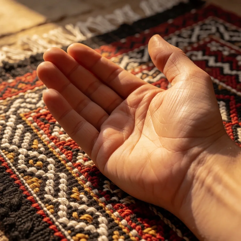 Open right hand resting on woven textile