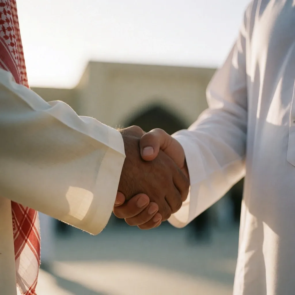 Two people greeting with right hands in a handshake
