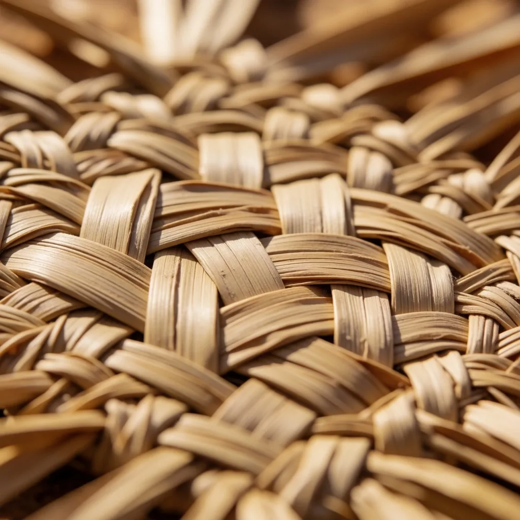 Detail of woven palm fibre textile in warm light