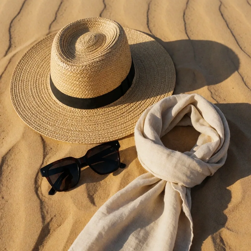 Sun protection essentials arranged on sand