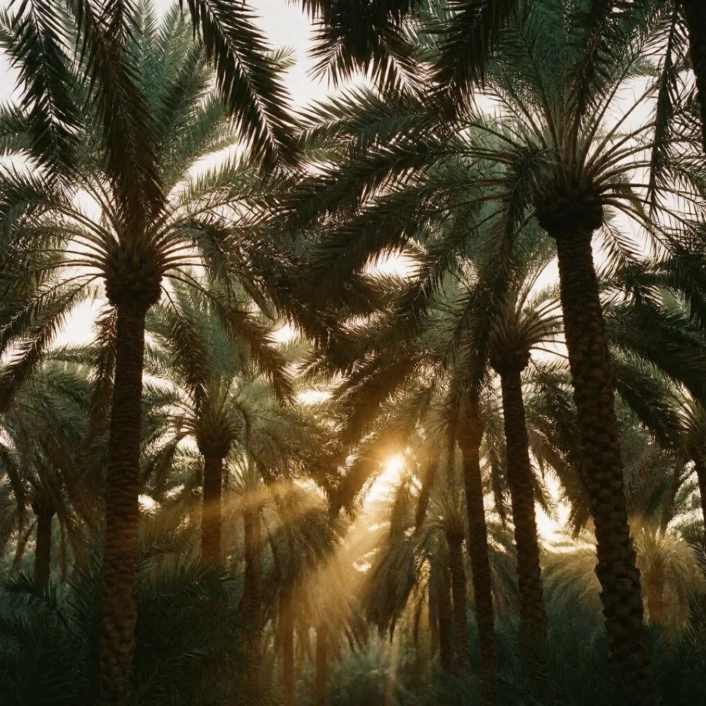 Palm canopy from below in golden light
