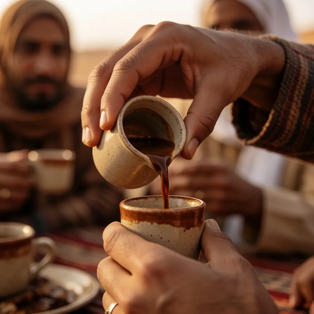 Traditional coffee and tea setting on woven textile