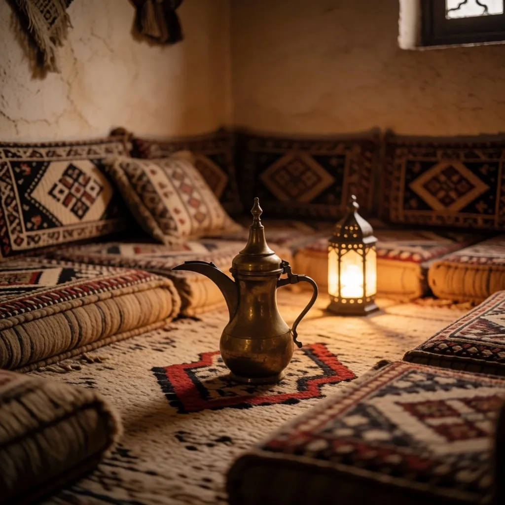 Traditional gathering space with cushions and lantern light