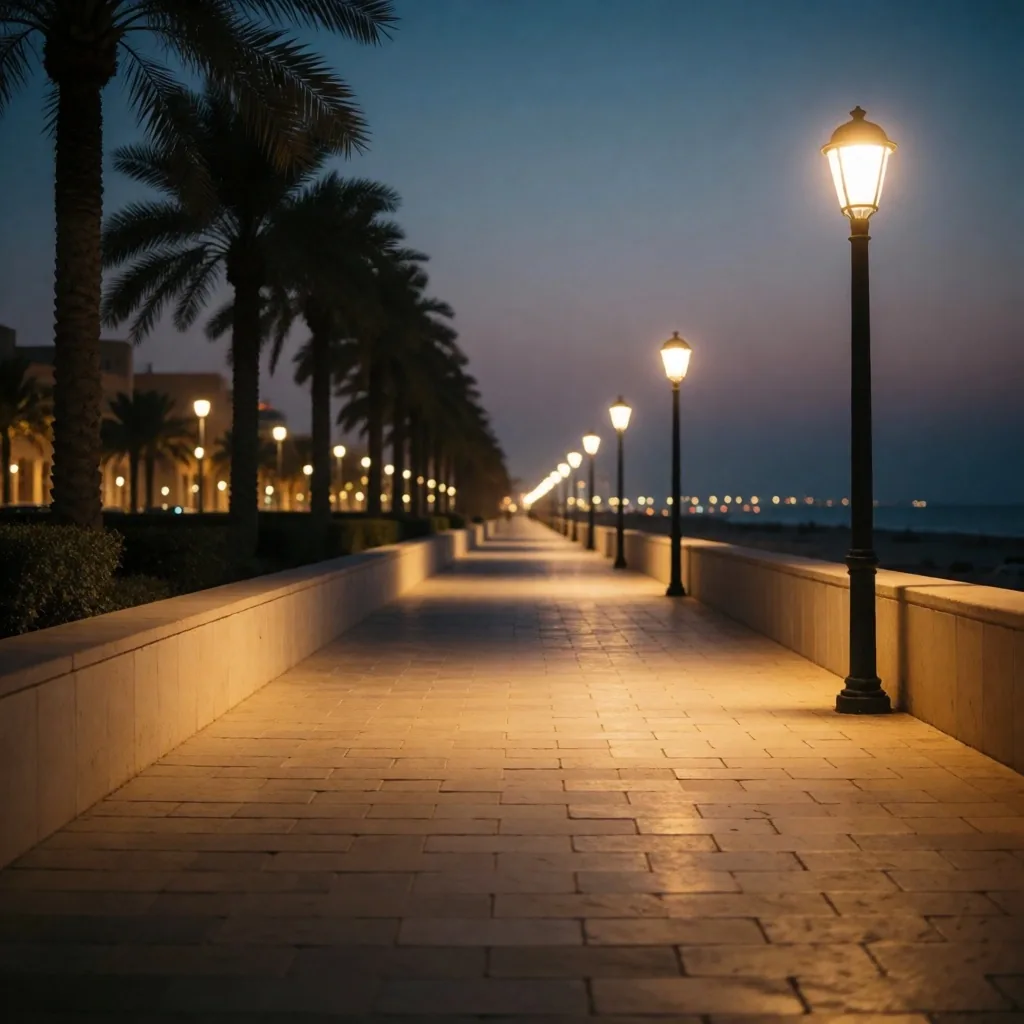 Calm evening street with palm silhouettes