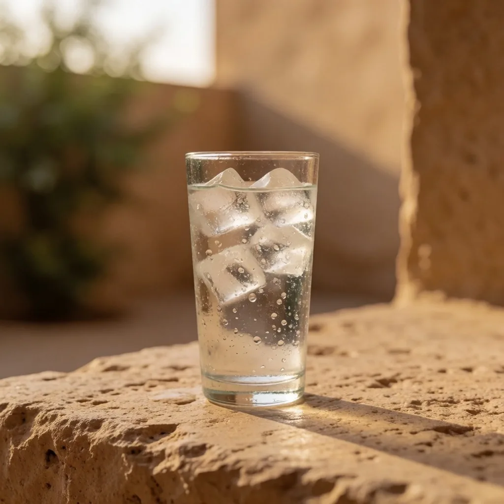 Glass of water with condensation in warm light