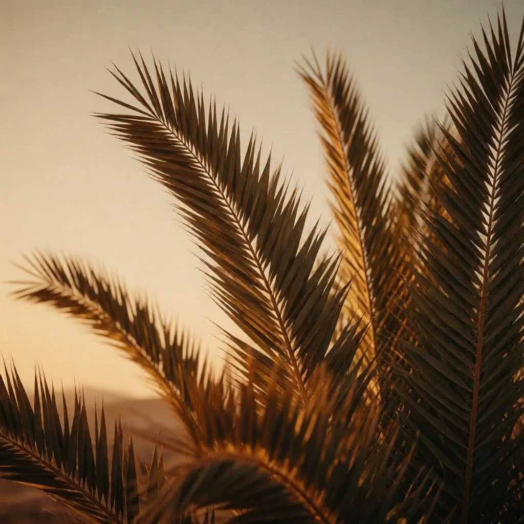 Palm fronds in warm golden hour light