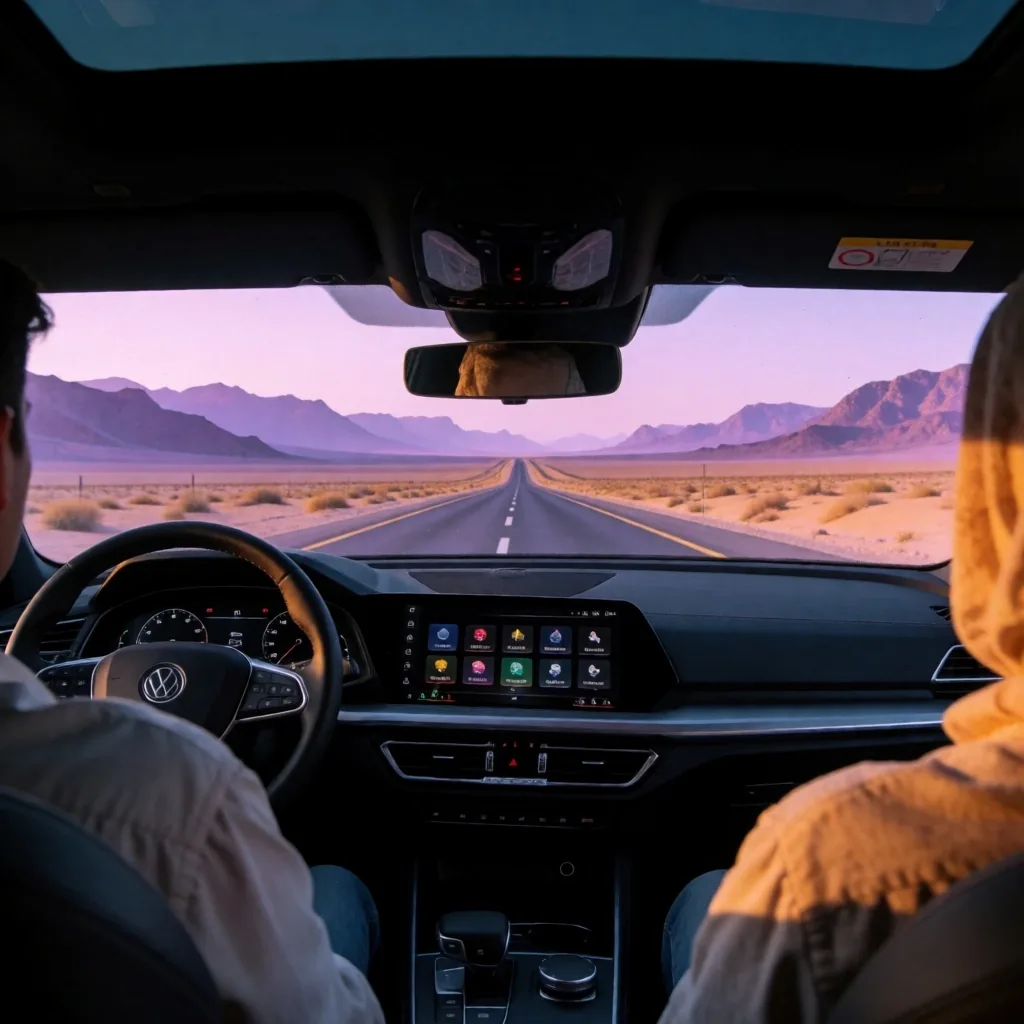 View through a car windshield on a desert highway